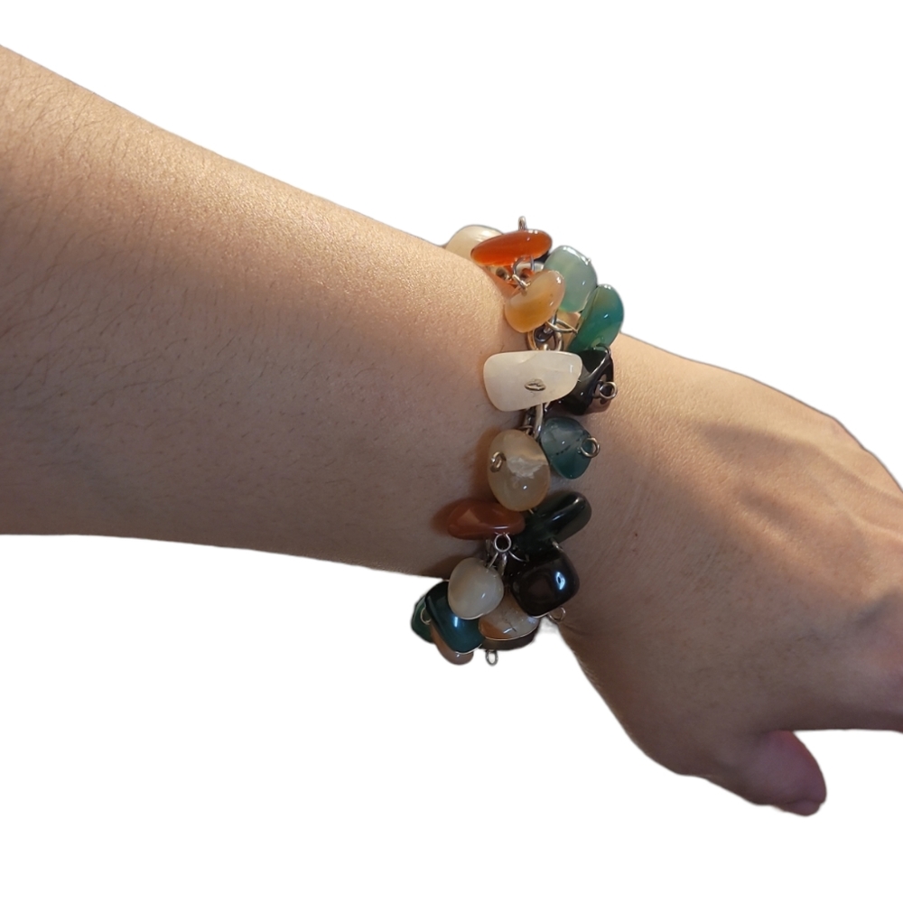 Artisan Multi-color Polished Stone Heavy Silver Charm Bracelet, 62g